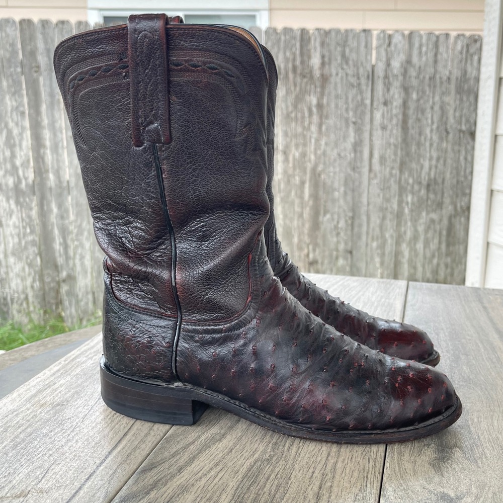 Lucchese 2000 Cowboy Boots Men 8 B Black Cherry Ostrich Full Quill Western Rodeo